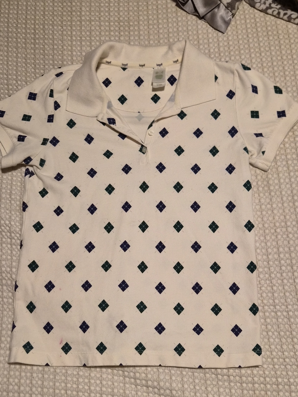 Womens Golf Polo Cream With Green & Navy Diamond Print